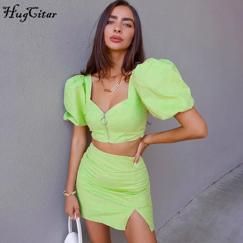 Hugcitar 2020 короткий рукав с буффами на молнии сексуальный укороченный топ разрезом