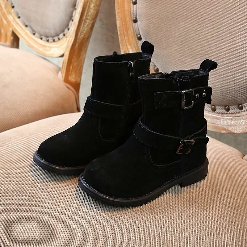 Girl Boots British Style Kids Boys Fashion Child Snow Booties Black Mid-top Soft Anti-Slip Buckle Strap SX224 | Мать и ребенок