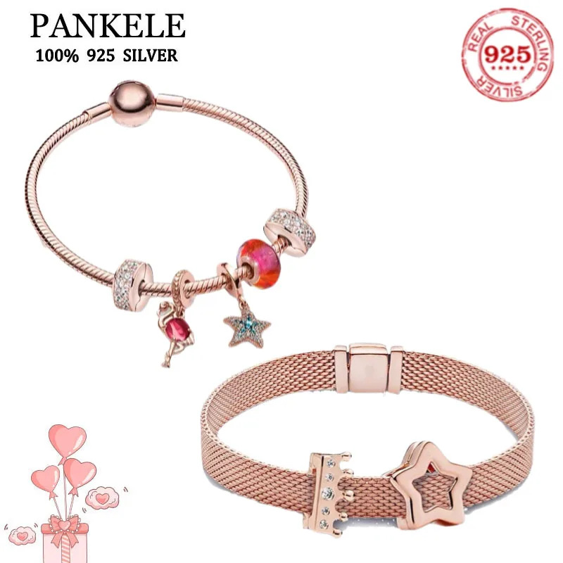 

100%925 Sterling silver European fashion fashion Charm Beaded rose gold Bracelet Bangle For Women Couples Original Gift Jewelry