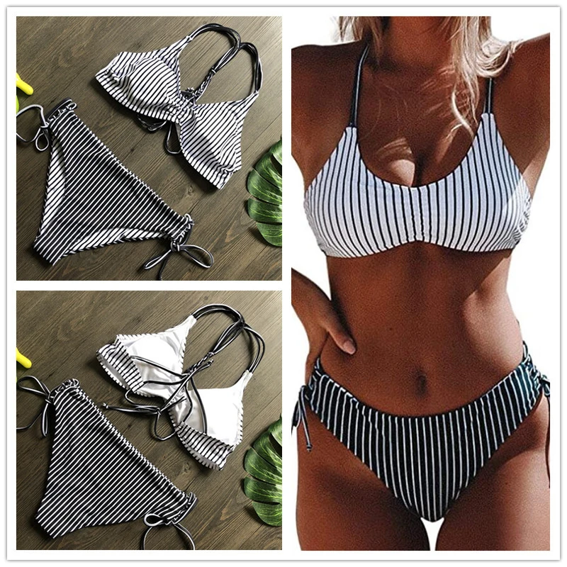 

2020 New Swimsuit Ladies with Bikini Stripes High Waist Slim Swimsuit Low Waist