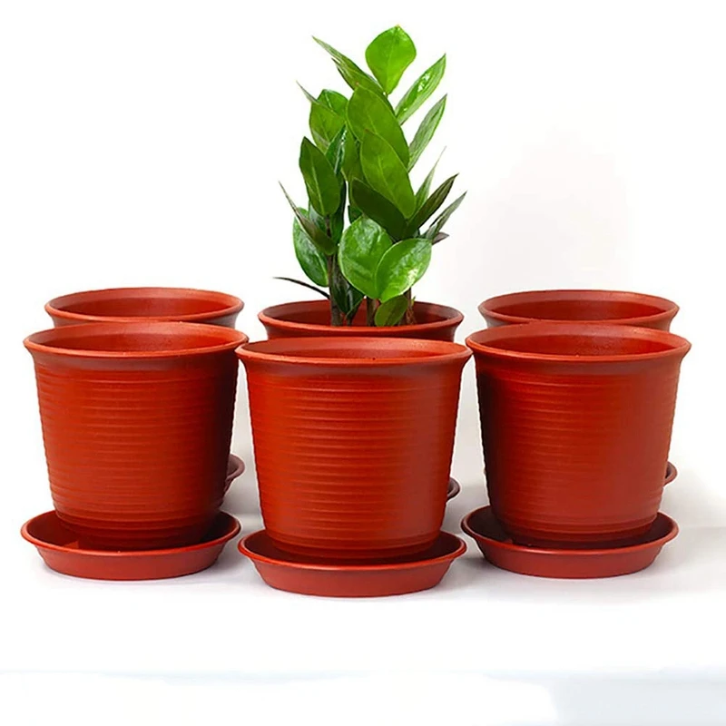 

6x Planters 15.4 cm Plastic Pots for Plants (Brick Red) & 1set Square Plastic Succulents Planter Pots with Tray Set