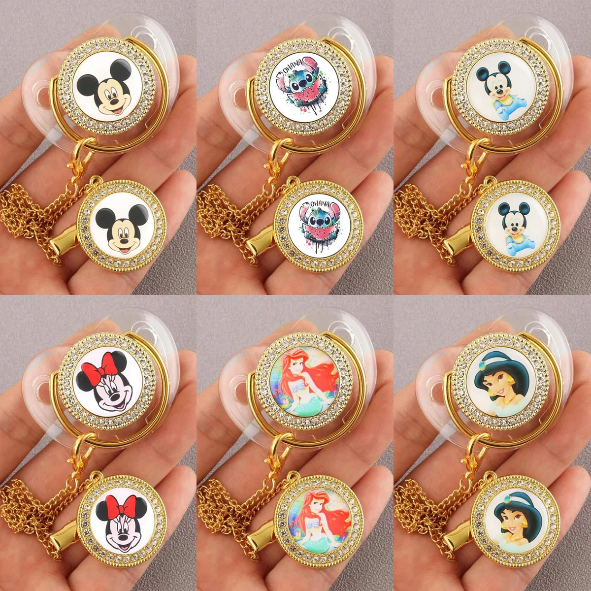 

2Pcs 0-12 Months Baby Pacifier Disney Mickey Mouse Cartoon Printing Transparent Luxury Golden Bling Dummy Soother Pacifier