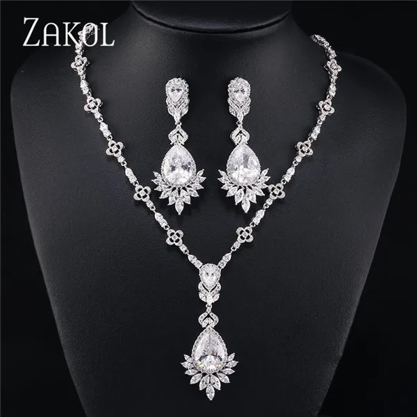 White Set ZAKOL высокое качество большая капля синий кубический цирконий лист серьги ожерелье набор украшений для женщин свадебное вечернее платье FSSP2014 - Окраска металла: White Set