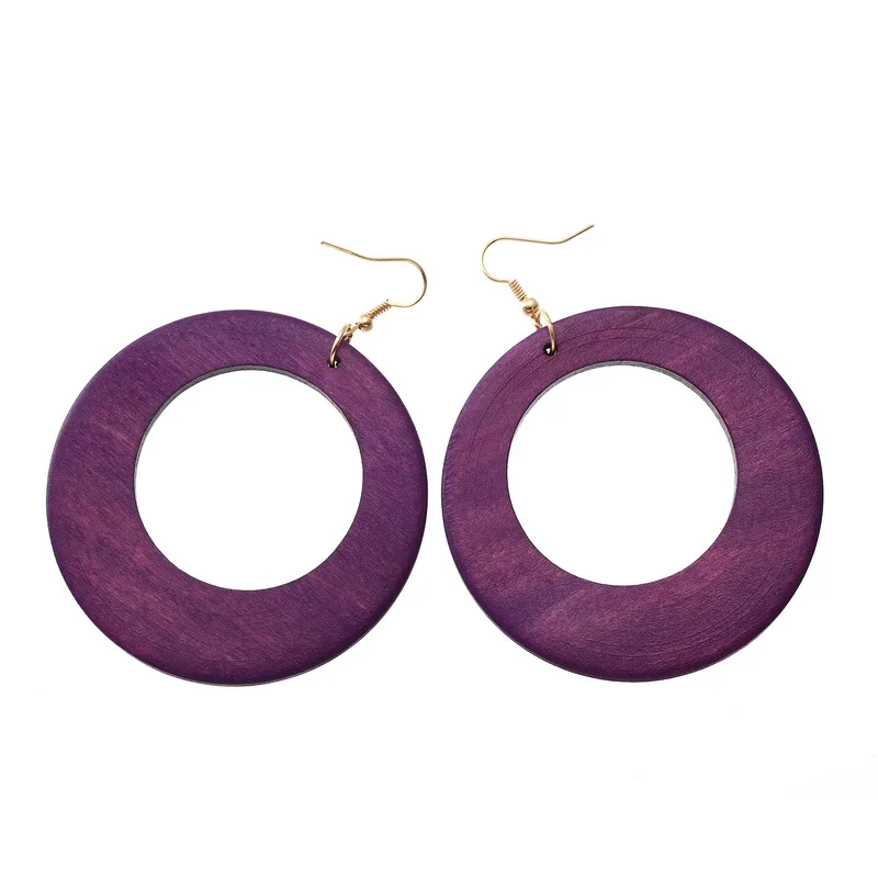 

Trendy Purple Green Yellow Round Natural Wooden Big Pendant Earrings Fashion Jewelry Pop Long Dangle Earrings Femme