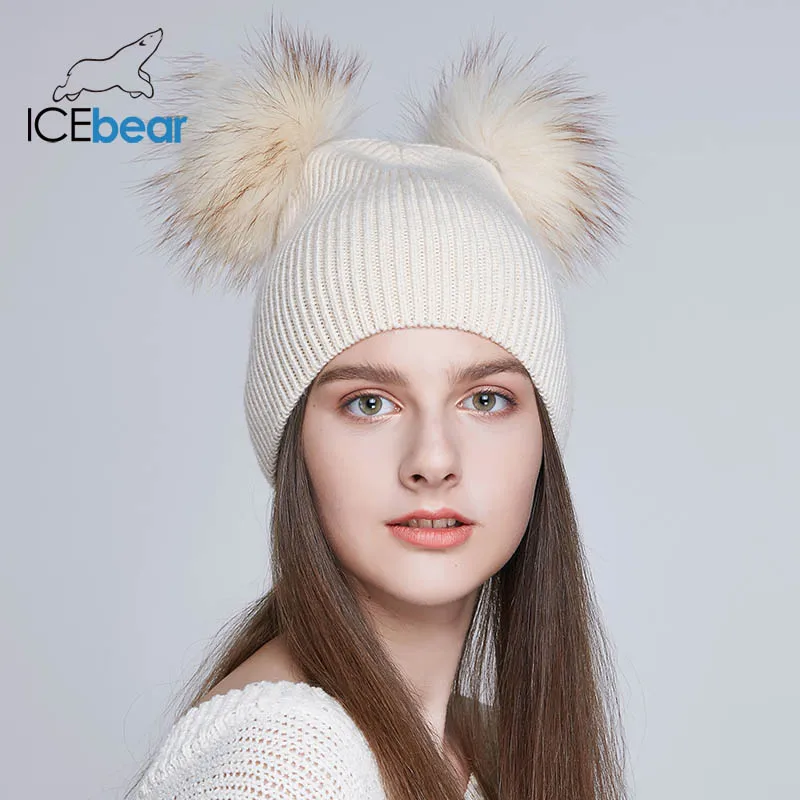 ICEbear мягкие женские зимние шапки двойная настоящая шапка с меховым помпоном