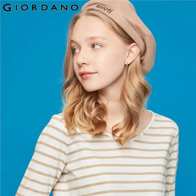 Giordano женская футболка в полоску с v-образным вырезом и длинным рукавом, хлопковая Футболка с разрезом по подолу, легкая полоска Poleras Mujer De Moda 05329879