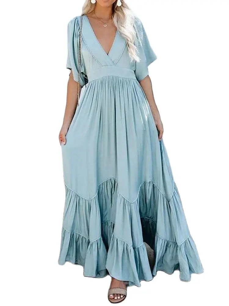 

Fashion Solid Color Dress Plus Size Women's Sexy Deep V-Neck Sleeves Elegant Splicing And Swinging Bohemian Long Dress 2021 New