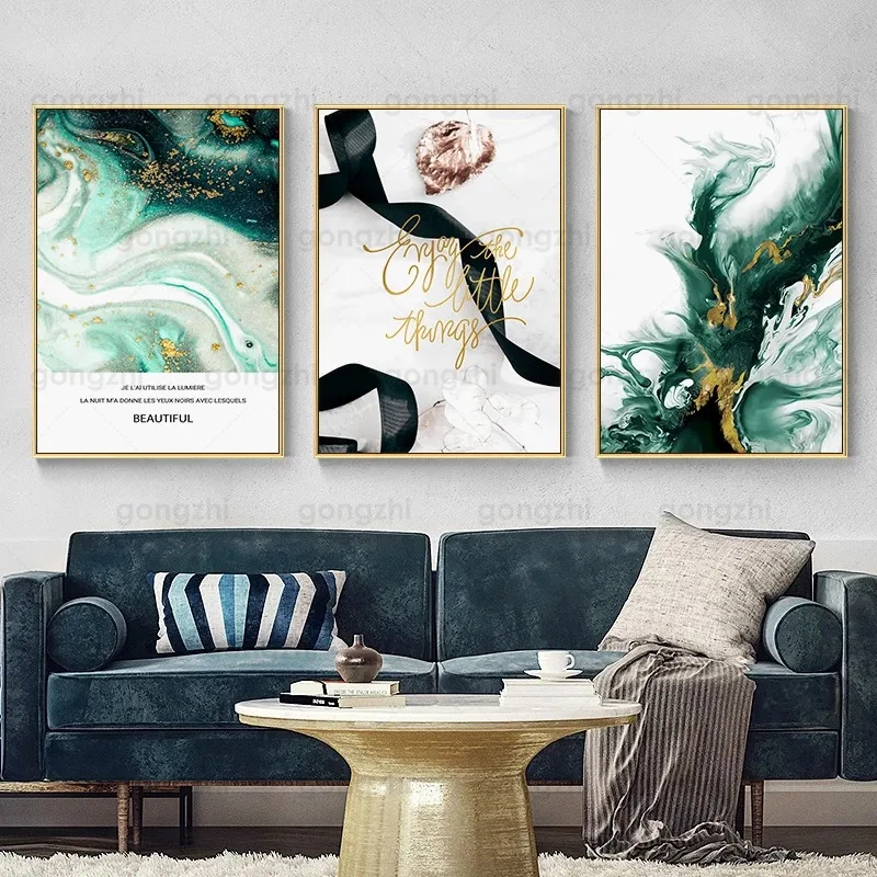 

Nordic Canvas Dark Green Tide Water Gold Stroke Luxury Hd Wall Painting Art Deco Poster Living Room Cafe Decor Printing Painting