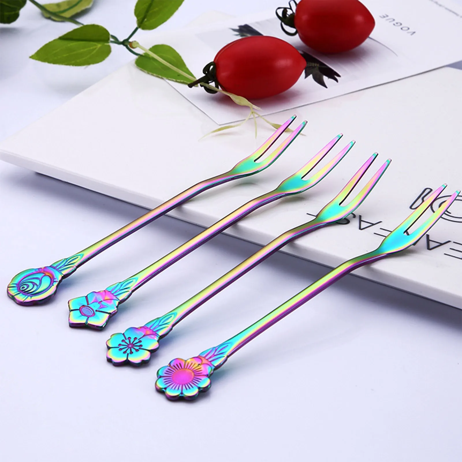 304 Stainless Steel Flower Seven Color Dessert Fork Fruit Cute Cat Spoon Cake Tiny | Дом и сад