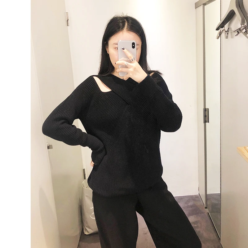 

Black Cross Design Sweater Women Long Sleeve Early Autumn Knit Hollow out Sweater
