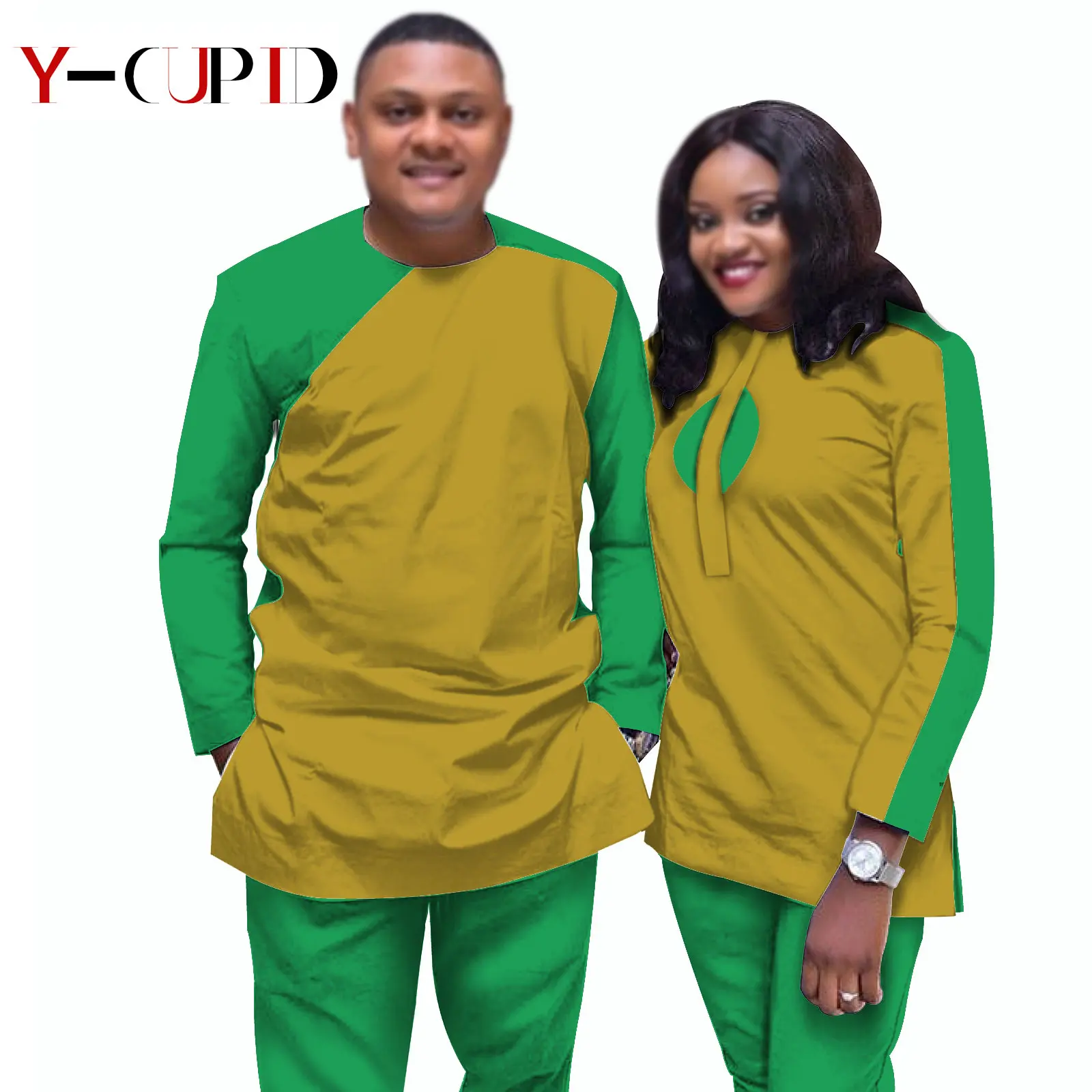 

African Clothes for Couples Women Patchwork Top Shirts and Pants Sets Matching Men Outfits Bazin Riche Lover Clothes YS20C006