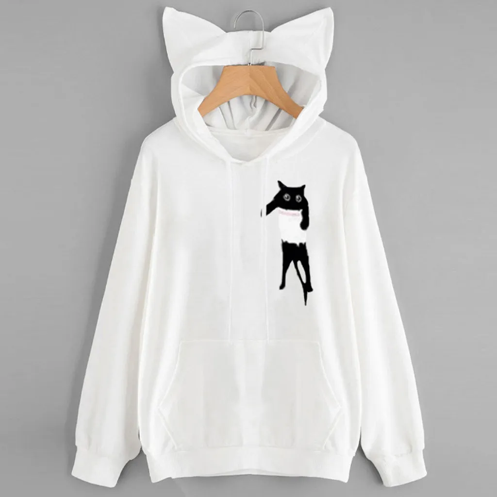 Женская толстовка с длинными рукавами капюшоном кошачьими ушками повседневные