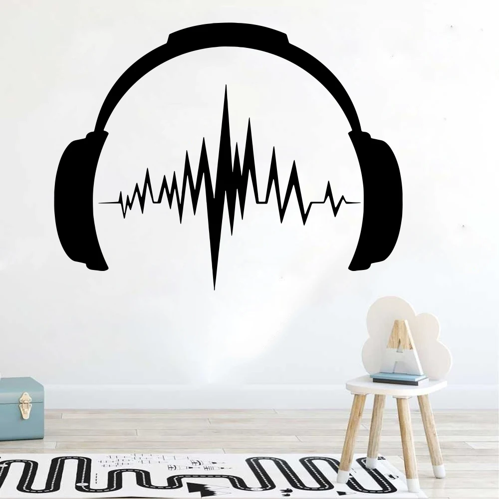 

Large Headphones Sound Music Musical Wall Decal Apratment Bedroom Earphone Heartbeat Lover Wall Sticker Playroom Vinyl Decor