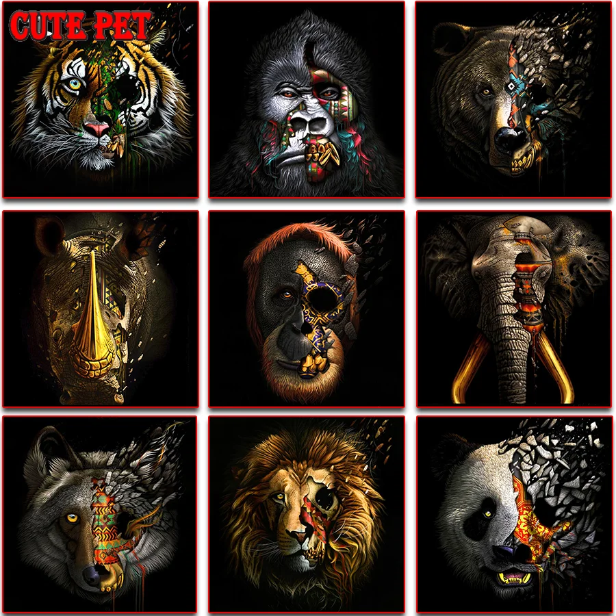 

5D Вышивка крестиком, алмазная живопись, "металлическое животное, тигр, медведь, волк, слон, ape", алмазная вышивка, полный квадратный Набор алма...