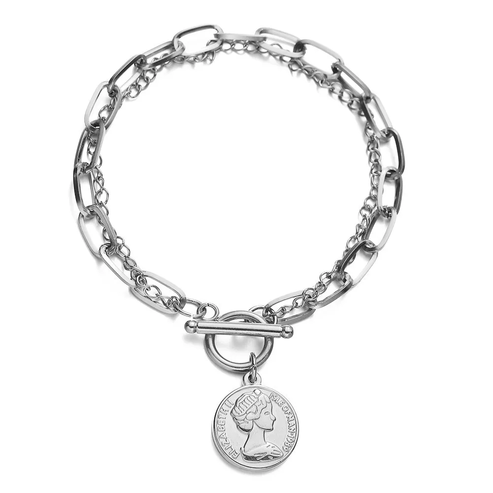

Boho Simplicity Fashion Couple Bracelet Golden Silver Geometry Tennis Bracelet Beauty Head Pendant Stainless Steel Jewelry