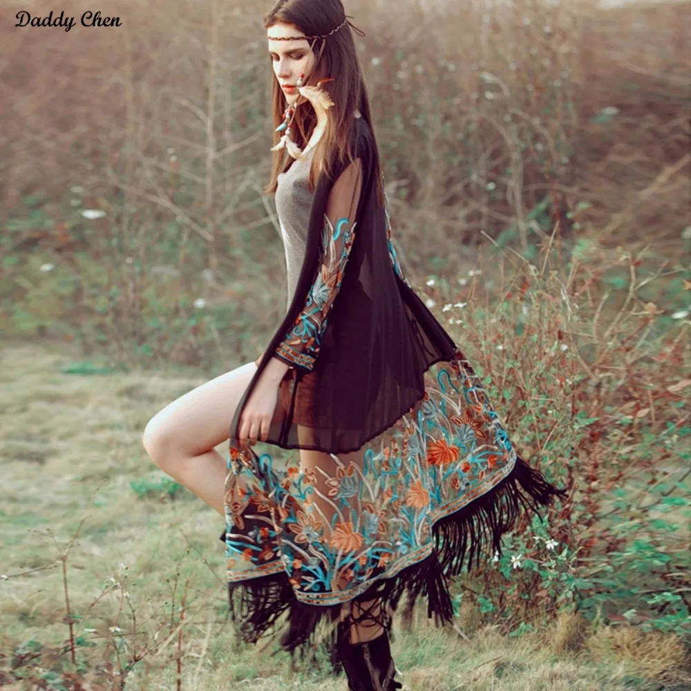 Японское кимоно халат кардиган женский сексуальный прозрачный шифон Вышивка