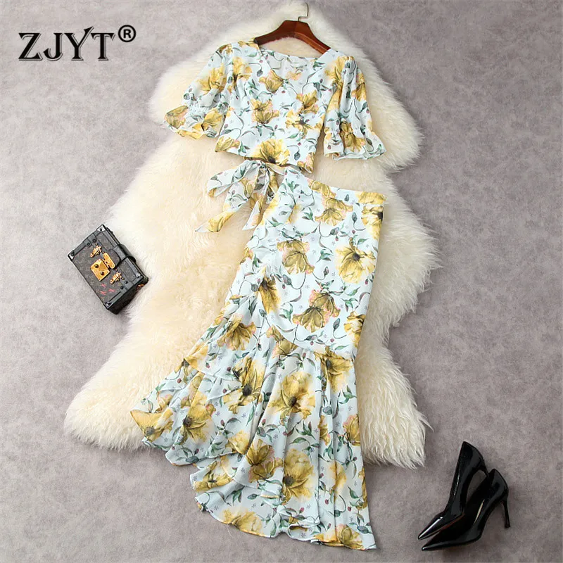 

Summer Bohemian Beach Holiday Suit Women 2021 Designers Floral Print Chiffon Crop Top and Maxi Asymmetrical Skirt 2 Piece Sets