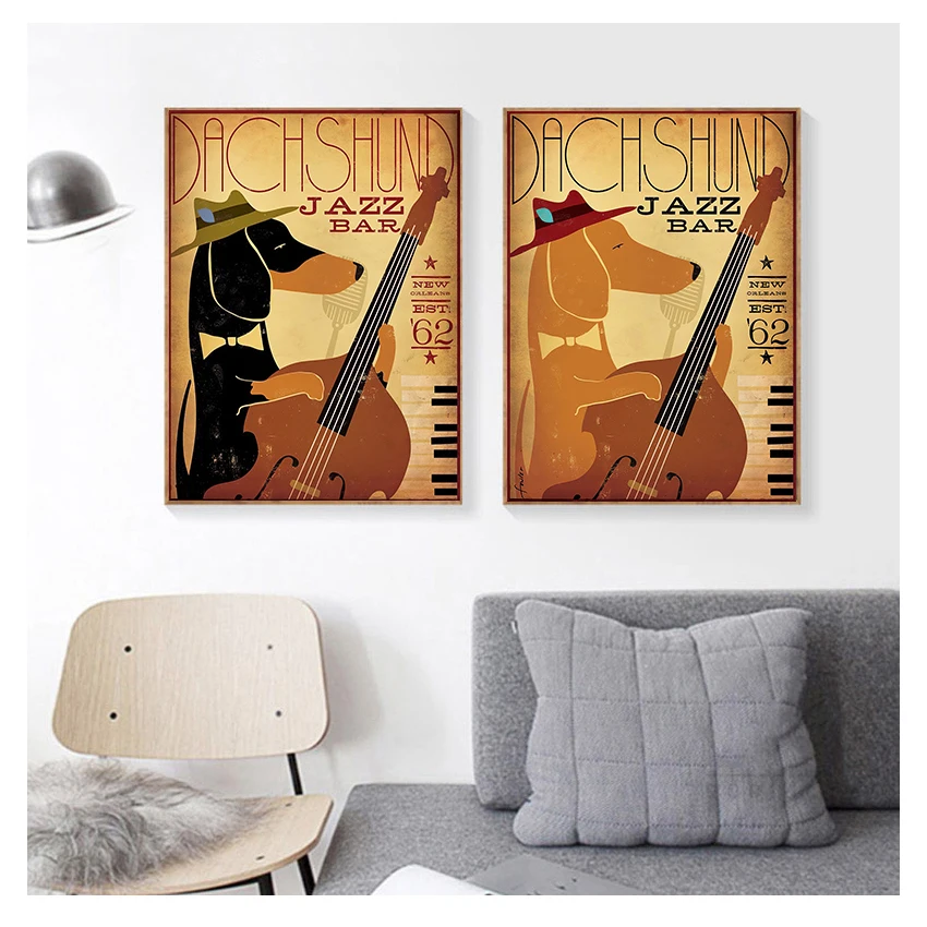 

Животные такса Джаз бар Декор стены картины для гостиной домашний декор холст картина Куадрос стена искусство Ретро Музыка Собака смешные