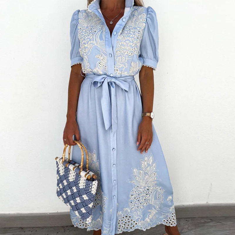 

Spring Embroidery Flower Lace Maxi Dress Women Stand Collar Button Long Shirt Dress Summer Puff Sleeve Spliced Party Dress Belt
