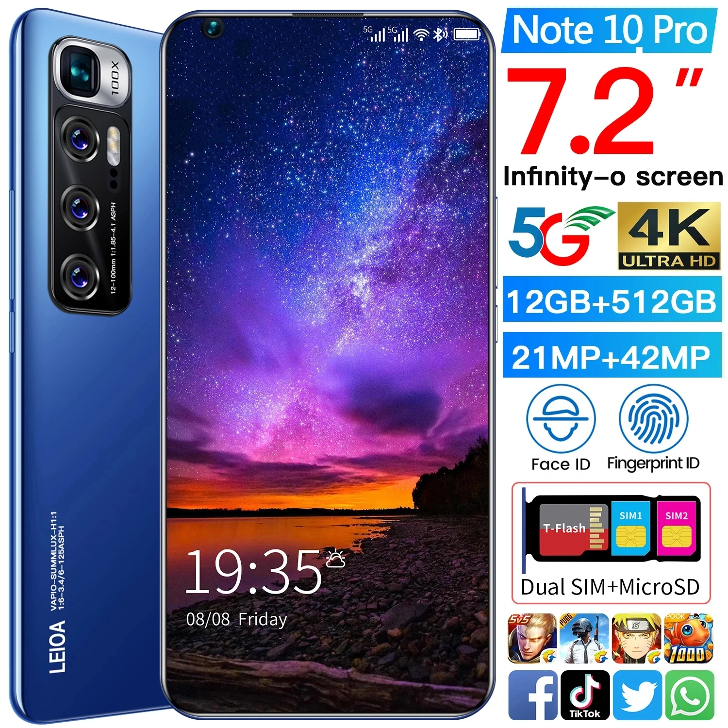 

Galaxy 7.2inch Note10 Pro 5G Big Smartphone 21+42MP Face Unlock Cellphone 16+512GB Global Version Android Phone 5G Mobile Phones
