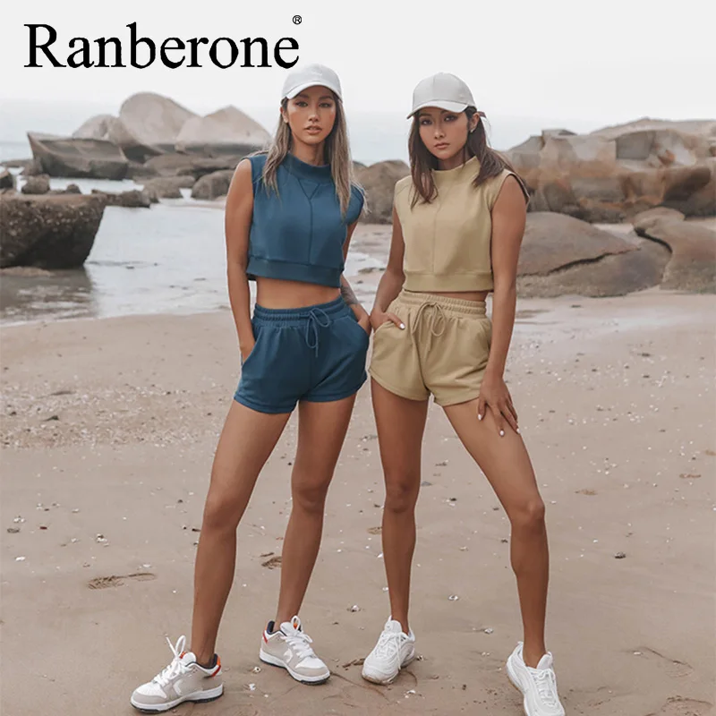 

Спортивный костюм Ranberone Женский, повседневный жилет на бретелях и шорты, однотонные, летние спортивные костюмы