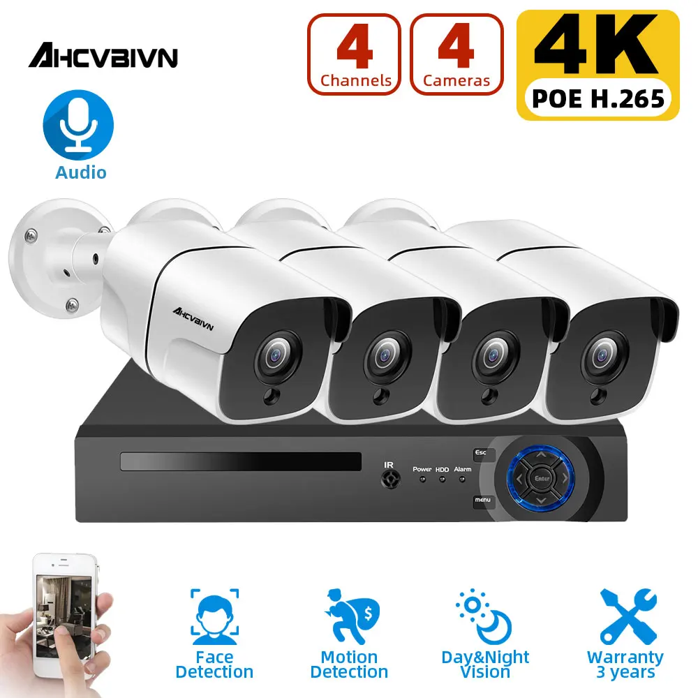 

IP-камера наружного видеонаблюдения, 4K, Ultra HD, POE, 4 канала, 8 Мп, H.265, NVR, Аудиозапись