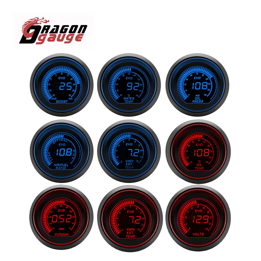 

DRAGON GAUGE 52mm Tachometer Voltage Water Temp Oil Temp Oil Press Boost Vacuum Air Fuel Ratio Exhaust Temp LED Digital Display