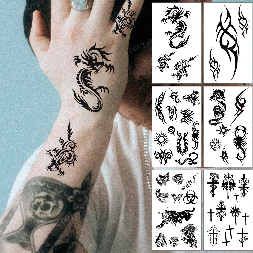 

Waterproof Temporary Tattoo Sticker Dragon Geometric Linear Black Tatoo Waist Finger Small Fake Tatto Woman Man Child Tattoos