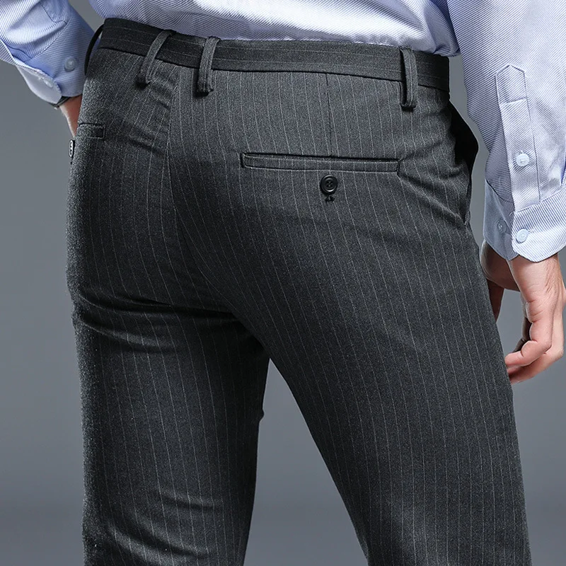 

2021 Summer Dress Trousers Office Striped Thin Slim Fit Stretch Spring And Summer Mens Bussiness Pants Black Gray