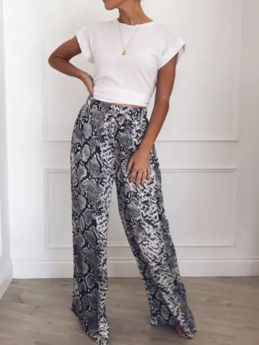 Шикарные женские леопардовые широкие брюки со змеиным принтом эластичные