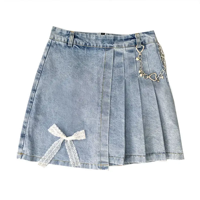 Женская джинсовая юбка летняя Корейская Ретро стиль с бантом высокая талия