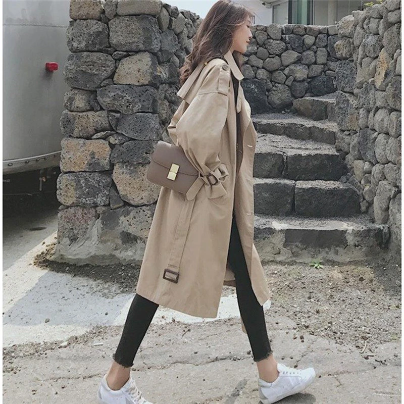 Leiouna Turn-down Zipper Long Loose Vintage Trench Female Windbreaker Women Autumn Overcoat Cloak Sashes Hiver Manteau Femme | Женская