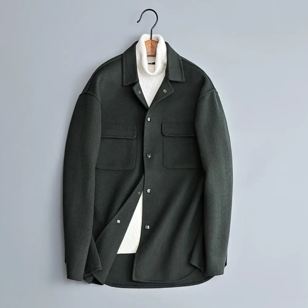 

Повседневная дизайнерская мужская куртка, Высококачественная Двусторонняя шерстяная бейсбольная куртка зеленого цвета, однотонная верхн...
