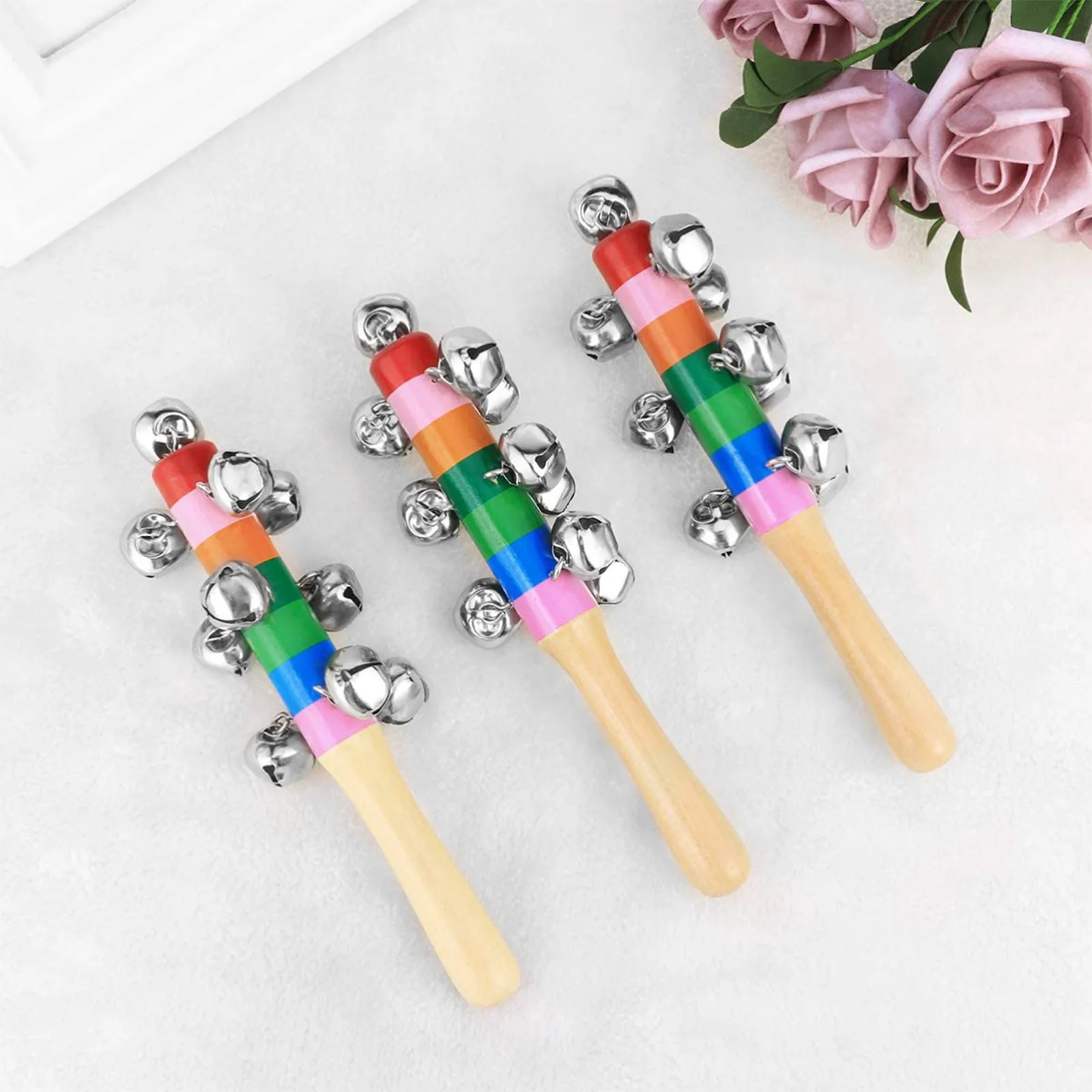#50 3Pcs Christmas Baby Hand Jingle Bells Hand Sleigh Bells Wooden Decoration Bells Musical Instrument Colorful Rainbow Rattle