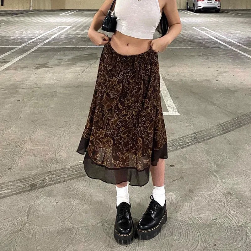 

Maxi Skirt New Casual Retro 2021 Foreign Trade Early Autumn Brown Printed High Waist Mesh Skirt Mujer Faldas Y2k Aesthetic Skirt