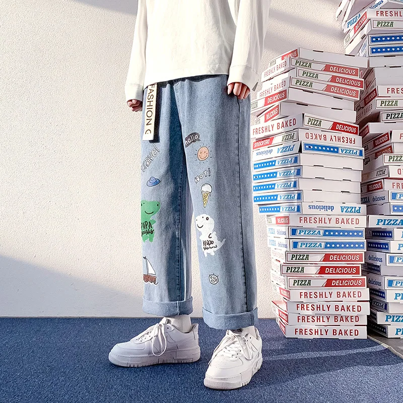 

New Cartoon Printed Jeans Men's Korean Street Hip Hop Straight Tube Jeans Man Loose Blue Wide Leg Harajuku Trousers +Belt