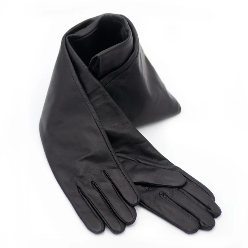Женские кожаные перчатки в стиле оперы черные из натуральной овечьей шкуры