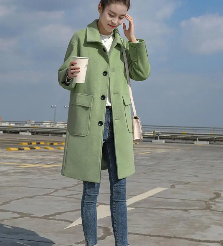 Женское шерстяное пальто средней длины однотонное зеленое в стиле ретро