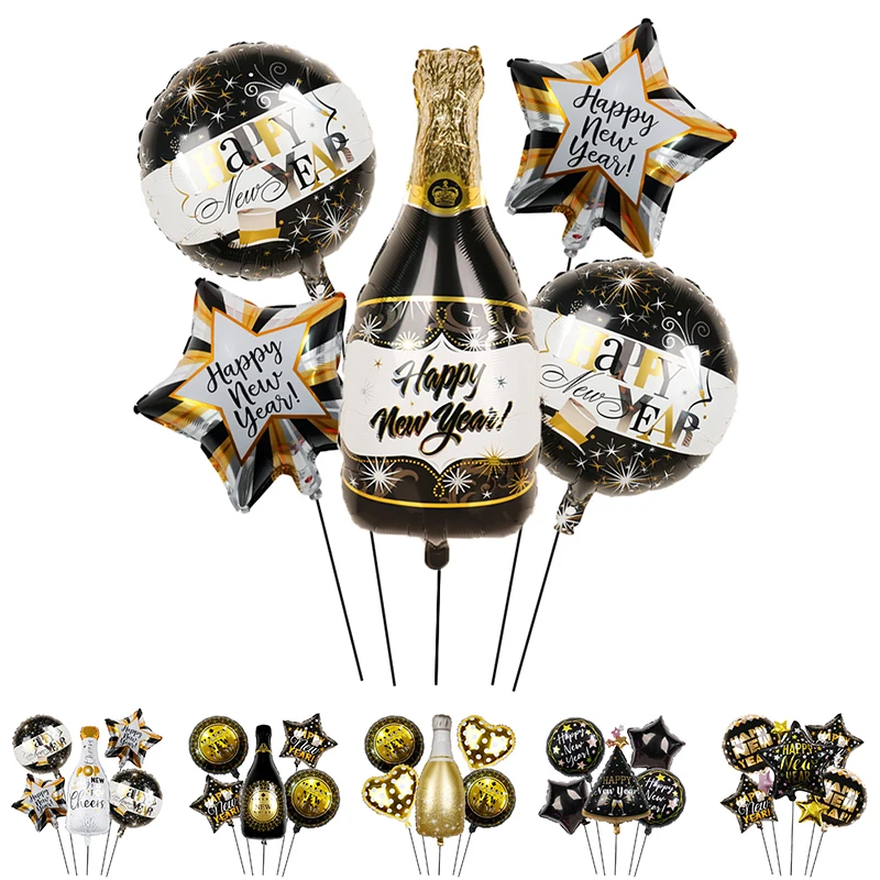 

5pcs/Set 2022 Happy New Year Wine Bottle Foil Balloons Pentagram Air Globos Family Party Decorating Christmas Home Decor Navidad