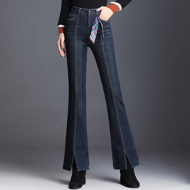 

Women Jeans Autumn Winter High Waist Slim Casual Bell Bottom Denim Pants Office Lady Elegant Chic Flare Pants Mom Jeans 6809