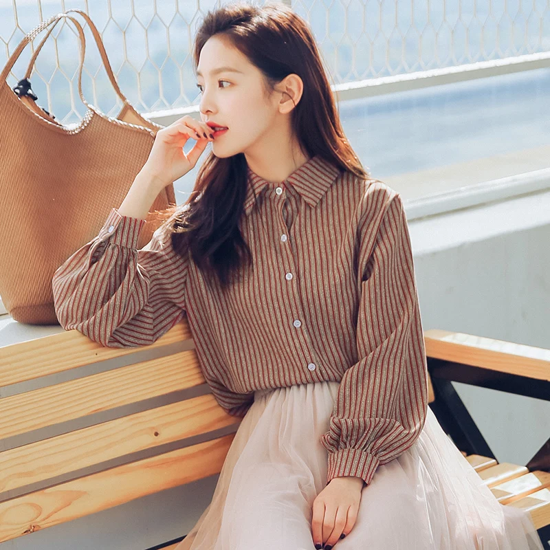 Новинка 2019 Осенние повседневные женские рубашки с широким рукавом полосатые