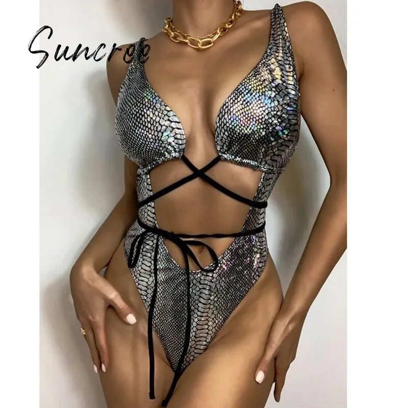 

Слитный женский купальник из ПУ кожи SUNCREE, купальный костюм на шнуровке, женский сексуальный купальный костюм для женщин, Модный купальник, ...