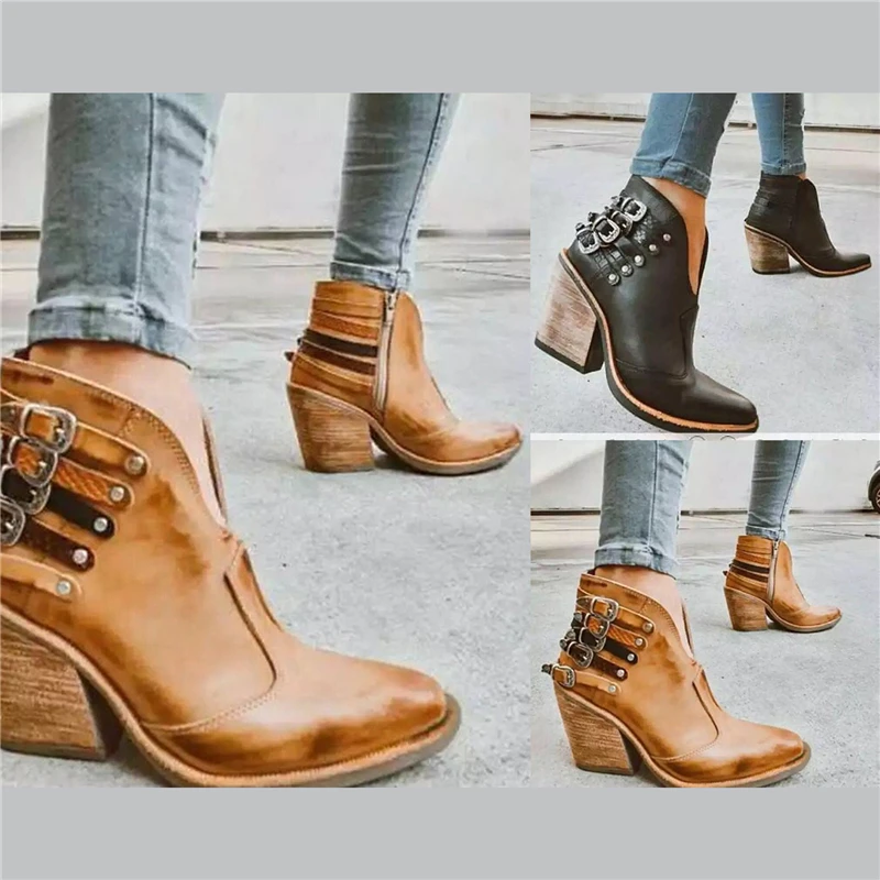 

2022 Female Autumn Winter PU Leather Cowboy Ankle Boots Bukle Women Wedge High Heel Booties Botas Mujer