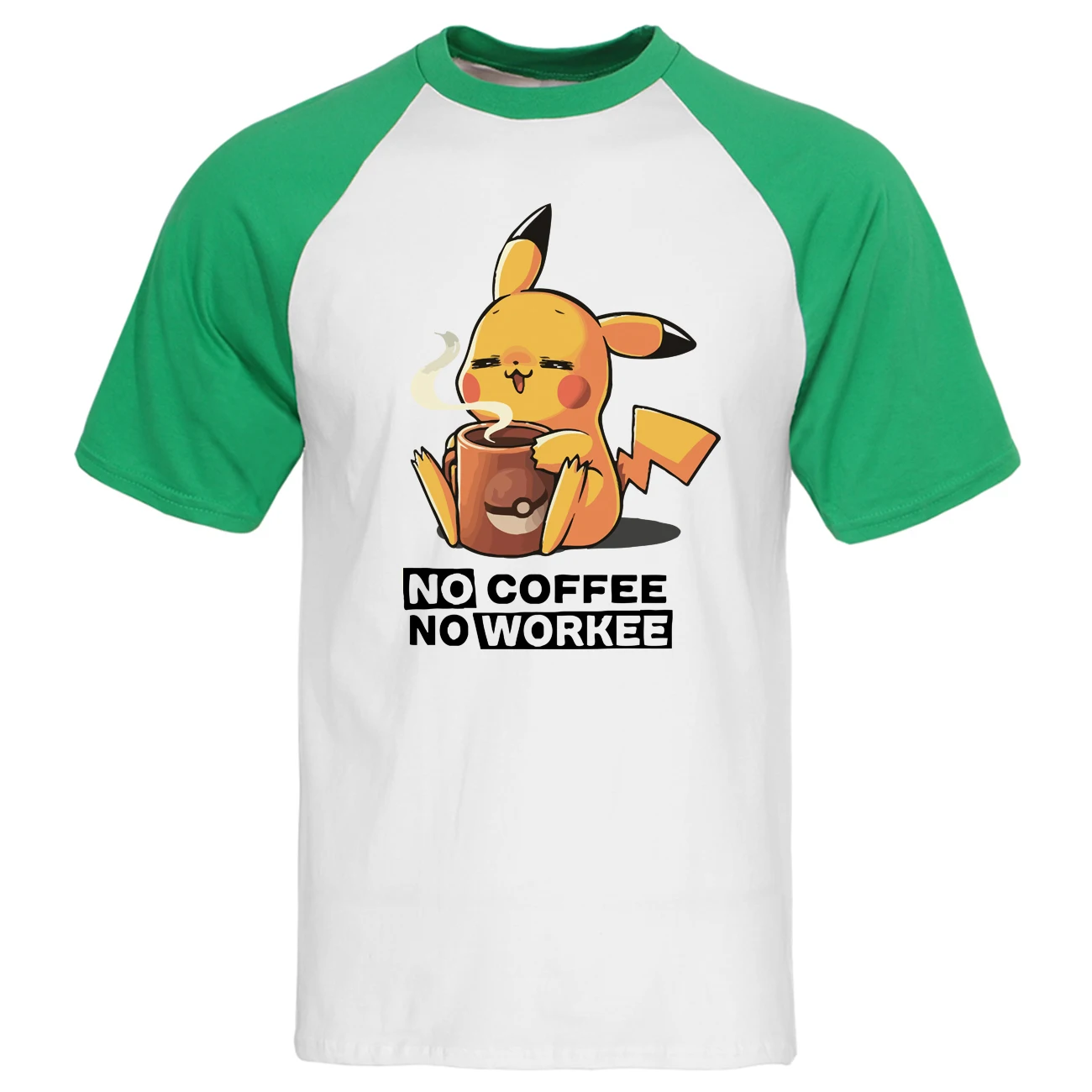 Pikachu No coffee No Workee, Мужская Футболка реглан, Kawaii, летние топы из хлопка с коротким рукавом, свободные милые футболки с японским аниме - Цвет: Green White 6