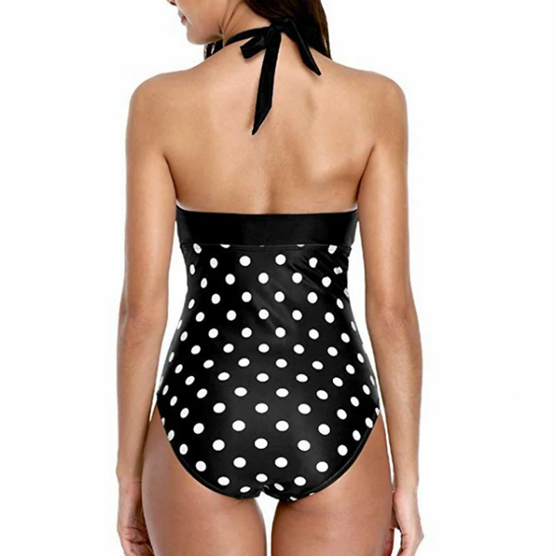 Черный купальный костюм женский купальник цельный с пуш ап принтом в горошек 2020