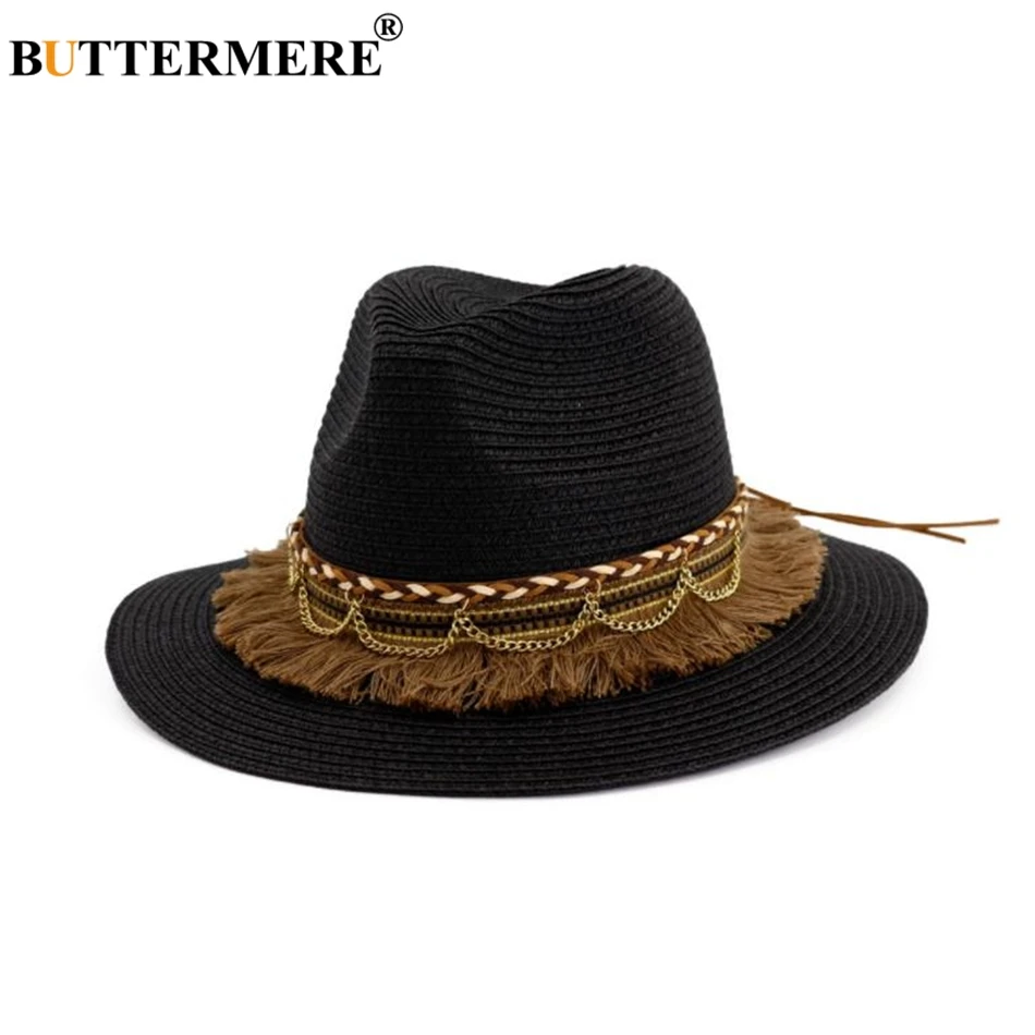 

BUTTERMERE Black Sun Hat Tassel Cap Women Beach Straw Hat Vintage Ladies Hats For Summer 2021 New Ariival Women's Straw Hats