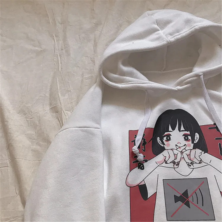 Harajuku Kawaii аниме девушка с капюшоном Толстовка японский Винтаж милый черный флис толстовка с рисунком женский объемный пуловер