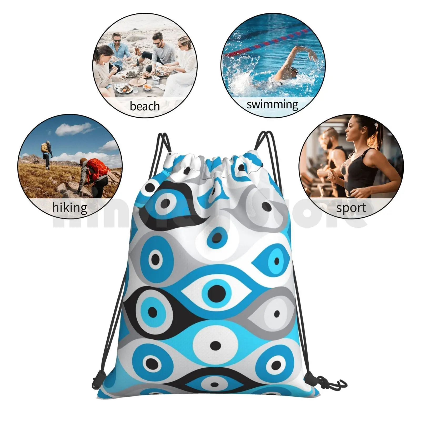 

Greek Evil Eye Pattern Blues And Greys Backpack Drawstring Bags Gym Bag Waterproof Greek Mati Mati Mataki Matiasma Greek