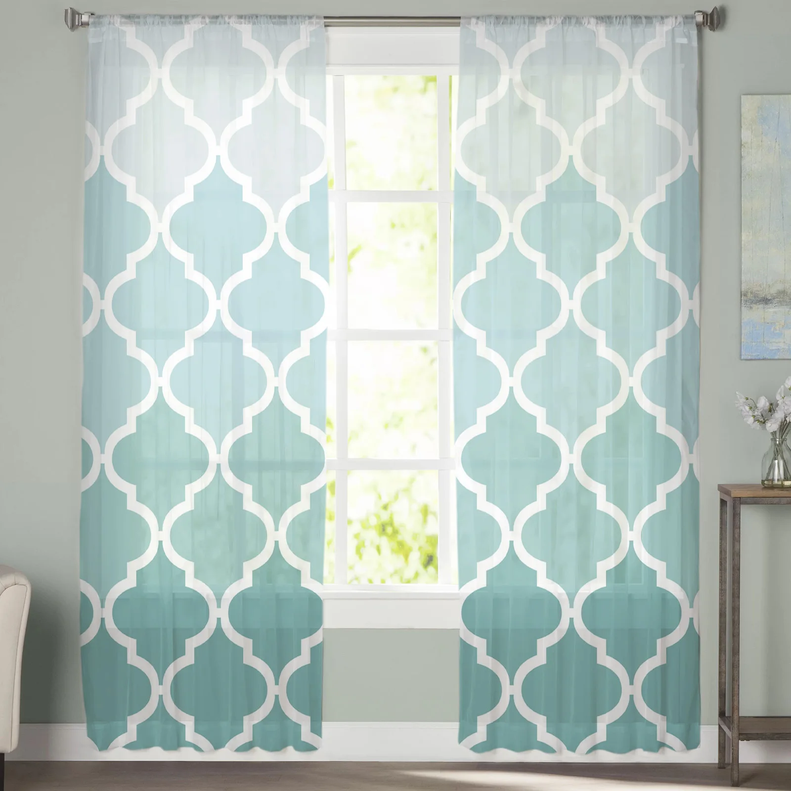 Геометрические синие зеленые градиентные бирюзовые прозрачные шторы оконные