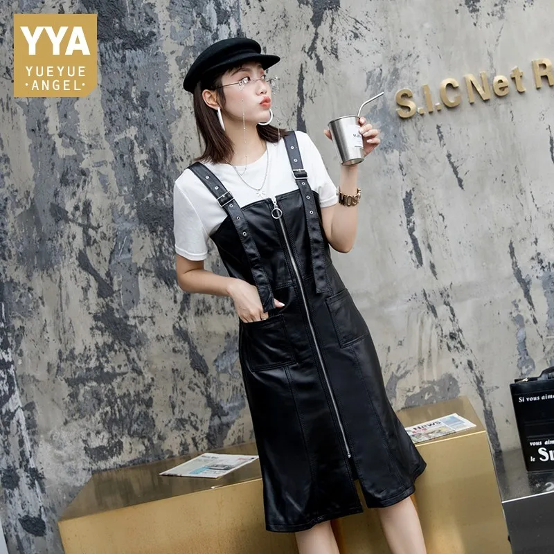 

Brand New Genuine Leather Sleeveless Suspender Womens Mermaid Dresses Fashion Slim Fit Street Medium Length Dresses Plus Size